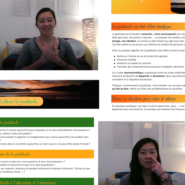 Une femme exprimant de la gratitude avec les mains sur le cœur, devant un fond coloré et apaisant.